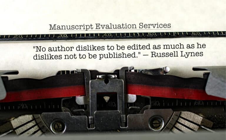 An old typewriter and sheet of paper with a Russell Lynes quote under manuscript evaluation services that states "No author dislikes to be edited as much as he dislikes not to be published."