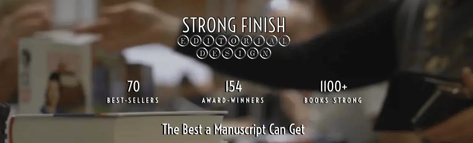 Ad banner showing Heather Sangster's Strong Finish 70 Best Sellers and 154 Award-Winners Book Now ad text displayed ove a woman buying a book in a bookstore.