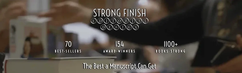 Ad banner showing Heather Sangster's Strong Finish 70 Best Sellers and 154 Award-Winners Book Now ad text displayed ove a woman buying a book in a bookstore.